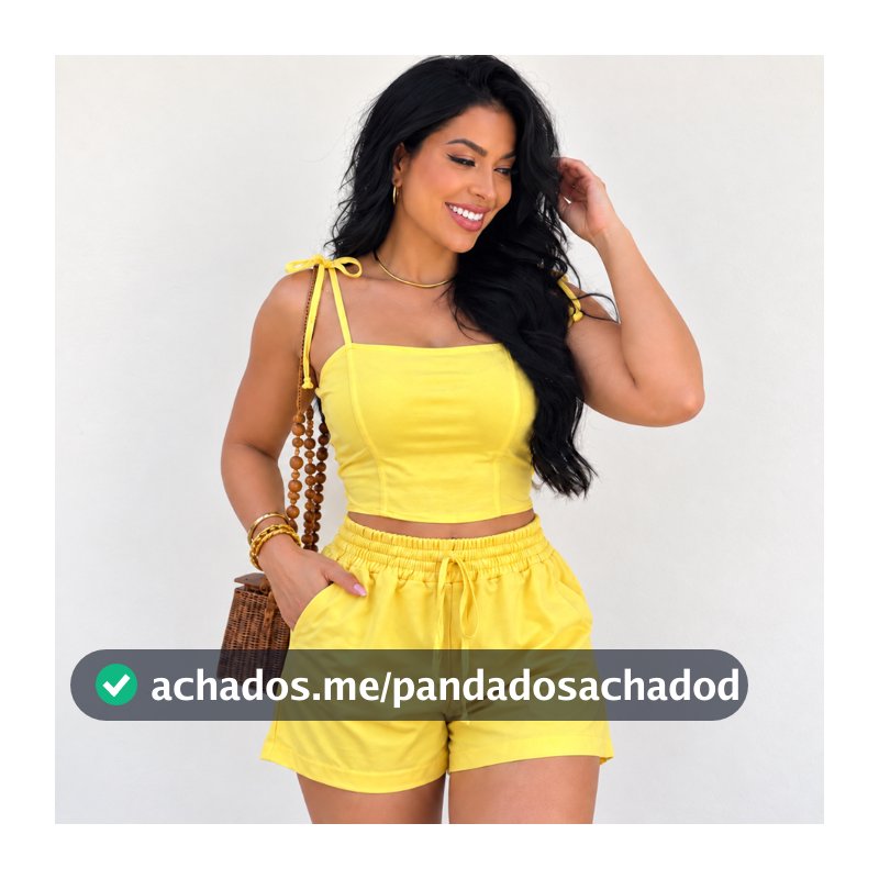 Conjunto Feminino de Alfaiataria Cropped Alça de Amarrar + Short Cintura Alta com Bolso Verão Elegante
