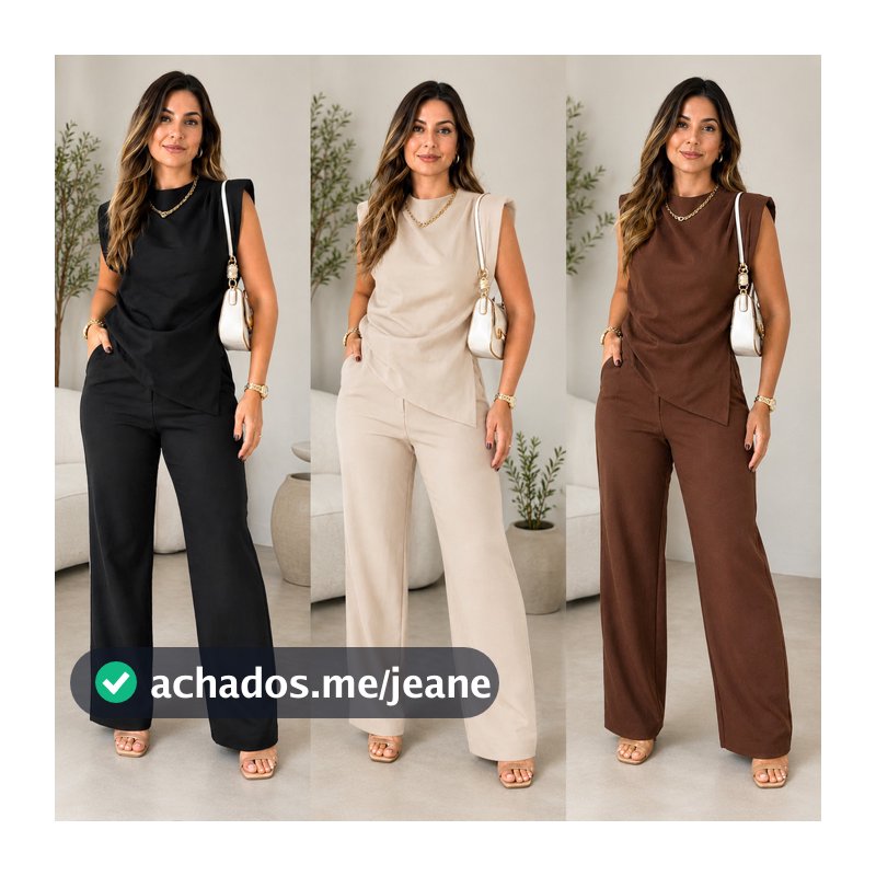 Conjunto Assimétrico Feminino Alfaiataria Blusa Franzida e Calça Pantalona Social Elegante Look Moda Mulher Verão