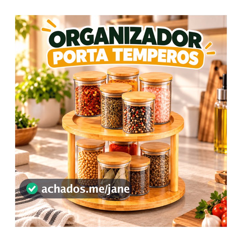Porta Tempero Giratório 2 Andares em Bambu Ecológico Organizador Armário Prateleira Multifuncional