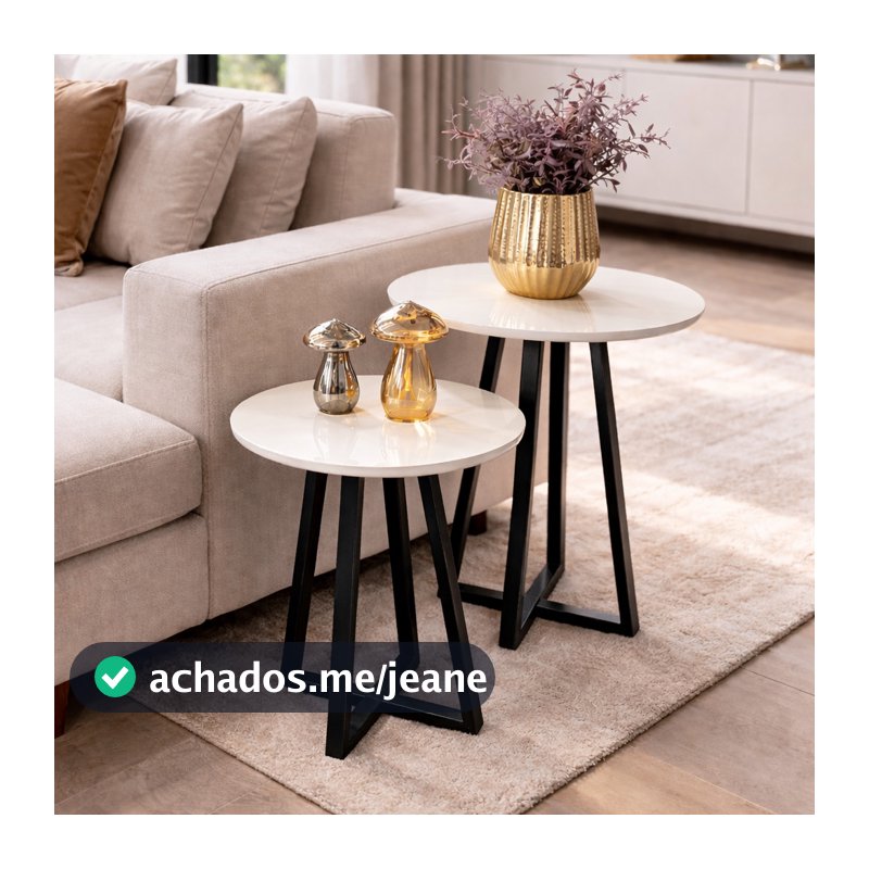 Kit 2 Mesas Lateral Redondas Decorativas Grécia Pretas Base Pé Aço Preto Apoio Sala Moderna Luxo 20x30