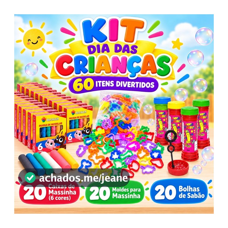 Kit Dia das Crianças Massinha de Modelar + Moldes + Bolhas de Sabão Lembrancinha Infantil Festa Aniversário