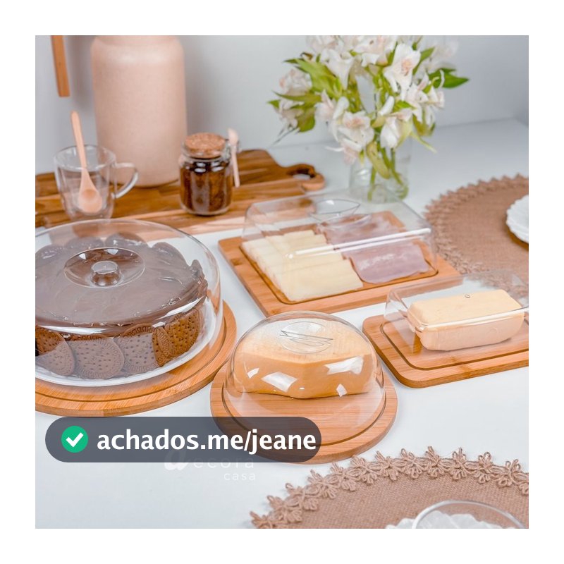 Kit Café da Manhã  4 peças Bambu: Boleira + Manteigueira + Porta Frios Bambu + Queijo
