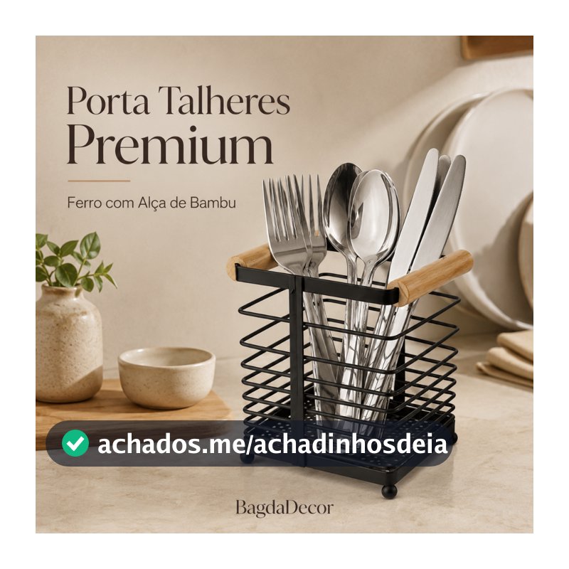 Porta Talheres de Ferro com Alça Bambu - Design Moderno, Resistente, Compacto e Pronto Entrega