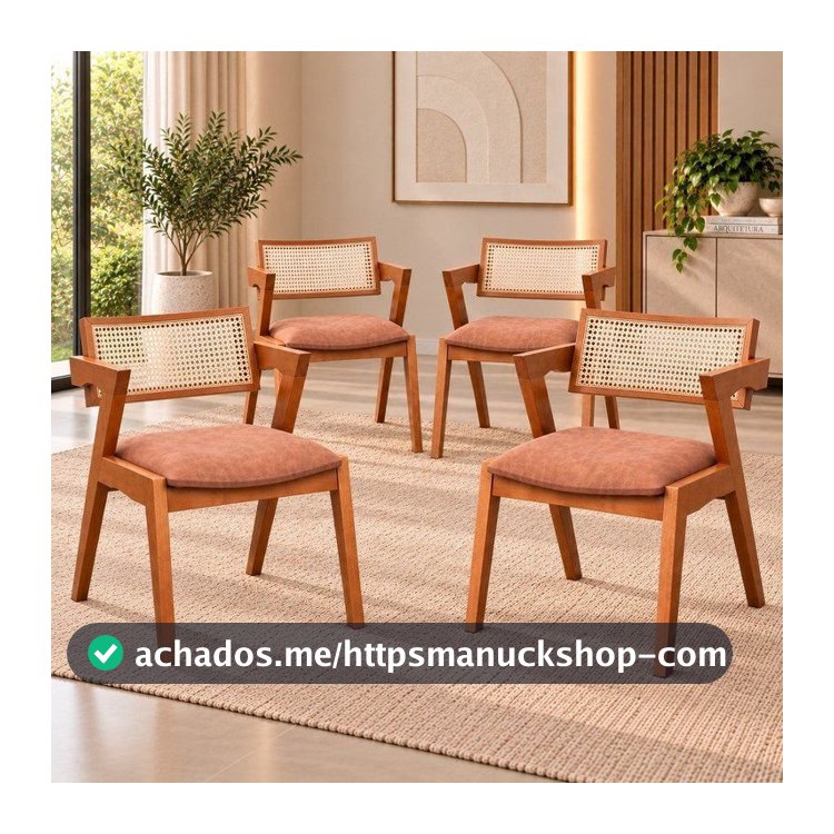 Kit 4 Cadeiras Madeira Maciça com Rattan Fibra Natural Verona Espresso Móveis Champagne/Couro Marrom