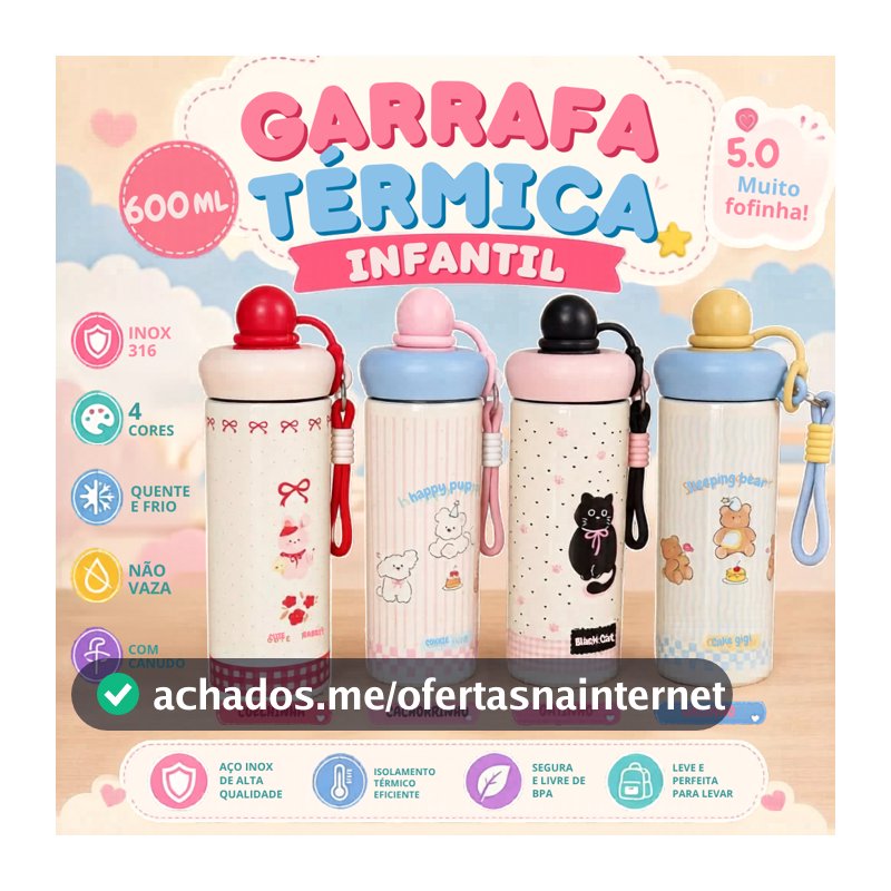 Garrafa Térmica Inox 500ml Kawaii Antivazamento com Canudo Alça e Abridor