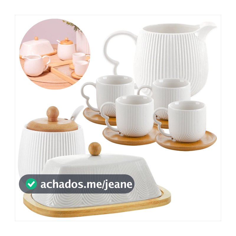 Kit Oasis de Ceramica com Xicara 90ml Jogo com Manteigueira,Açucareiro e Cremeira em Bambu Cantinho Café,Chá da Tarde