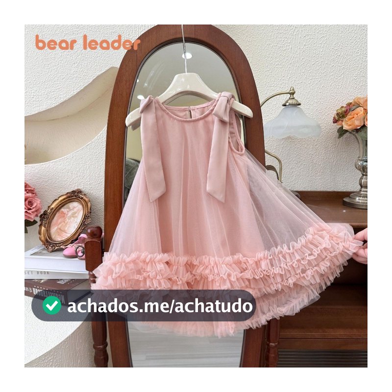 Urso Líder Verão Novo 1 A 7 Anos Bebê Meninas Aniversário Vestido De Princesa Versão Coreana Arco Sem Mangas Malha Festa