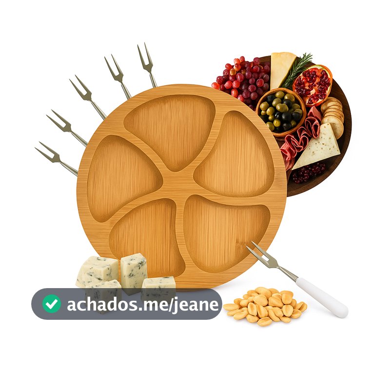 Kit Petisqueira Redonda + 6 Garfos Para Frios e Queijos Gamela MDF