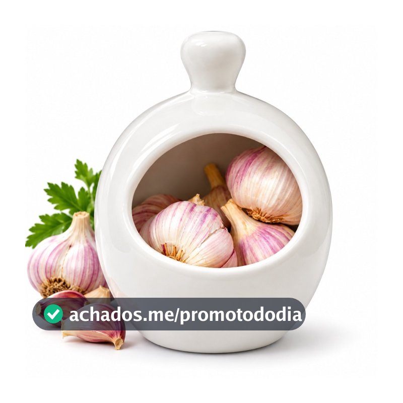 Porta Alho Cerâmica Branco Cozinha Decoração Praticidade Guarda Alho Liso Organização Cozinha