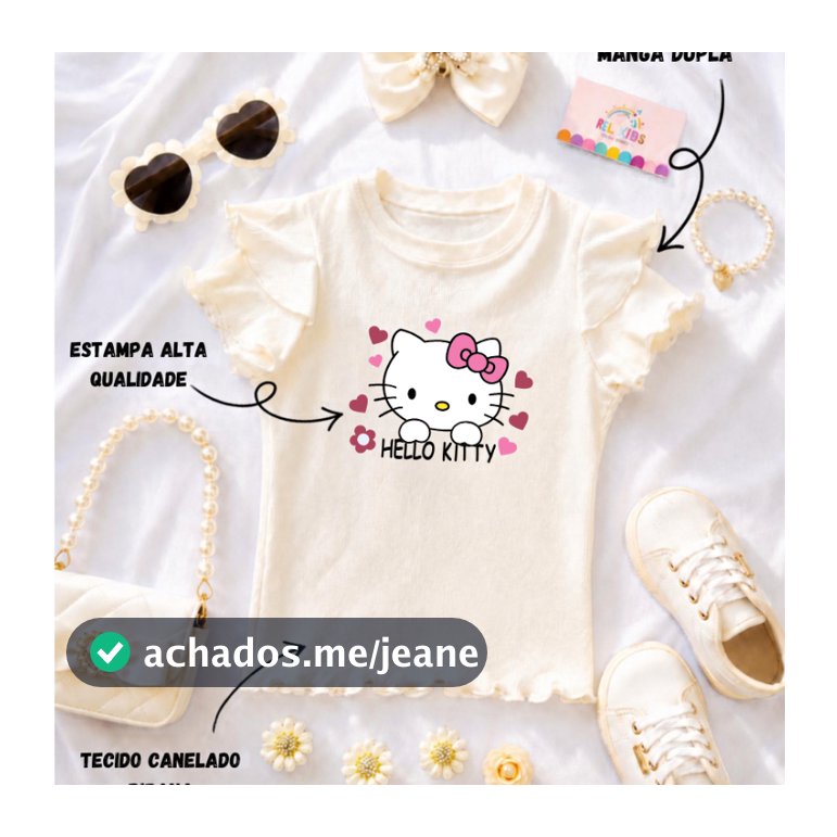 Blusa Infantil Feminina Hello kitty Corações Manga Dupla Casual Menina Canelado Ribana DTF07