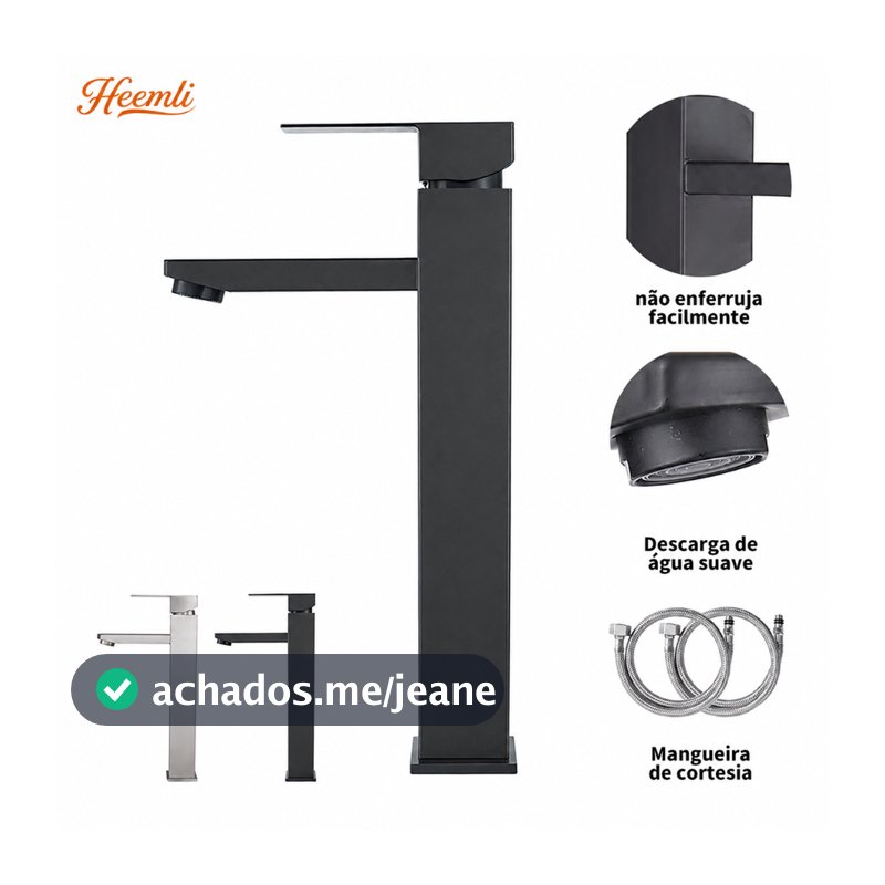 Heemli Torneira para Lavatório Aço Inox Preto Monocomando Alta Vazão Água Fria e Quente 2 Mangueiras 60cm Inclusas