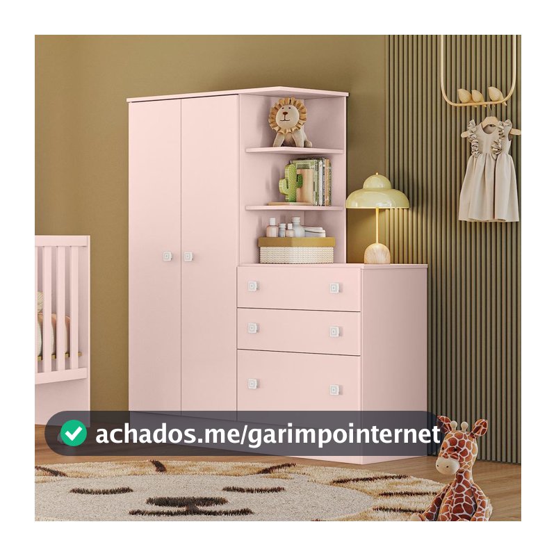 Guarda Roupa Infantil com Comoda Lua Encantada Rosa Acetinado