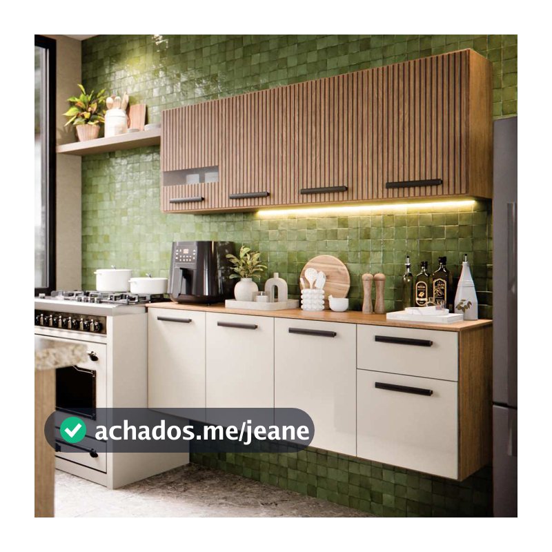 Armário de Cozinha Completa Sala de Jantar 120cm Aereo Com 8 Portas Com Detalhe em Vidro e Balcão Com Gaveta Vitoria