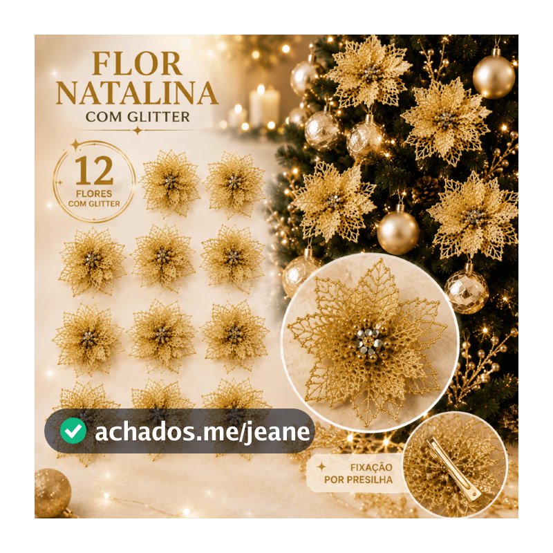 Kit 12 Flores de Natal Artificial com Glitter Enfeite para Árvore Decoração Natalina