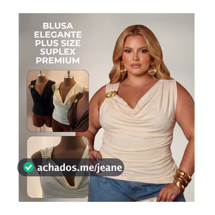Blusa Plus Size com Gola Boba Degagê Suplex Premium Detalhe em Fivela Dourada Na Alça Zero Transparência Forrada Moderna