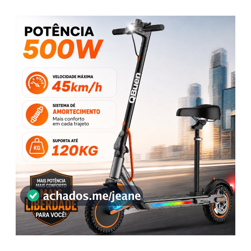 Patinete Elétrico 500W com Assento Ajustável e App Bluetooth | 40km/h,  Suspensão, 10Ah 25km, Dobrável 120kg