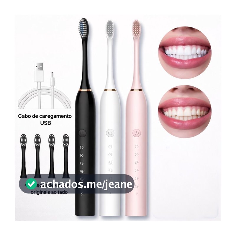 2/1 Escovas Elétricas Sônicas IPX7 + 8 Refis |  7 Modos  | Recarregável USB | Limpeza Profissional