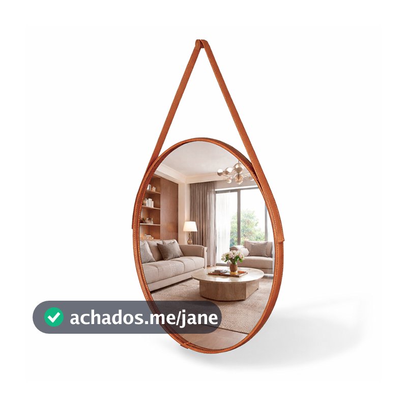Espelho Redondo Decorativo Adnet Alça Couro Suporte 60cm Sala Quarto Banheiro