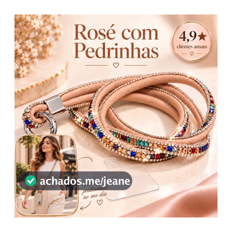 Cordão para Celular Luxo Strass Alça Transversal Anti Furto 120cm Tag Transparente Universal