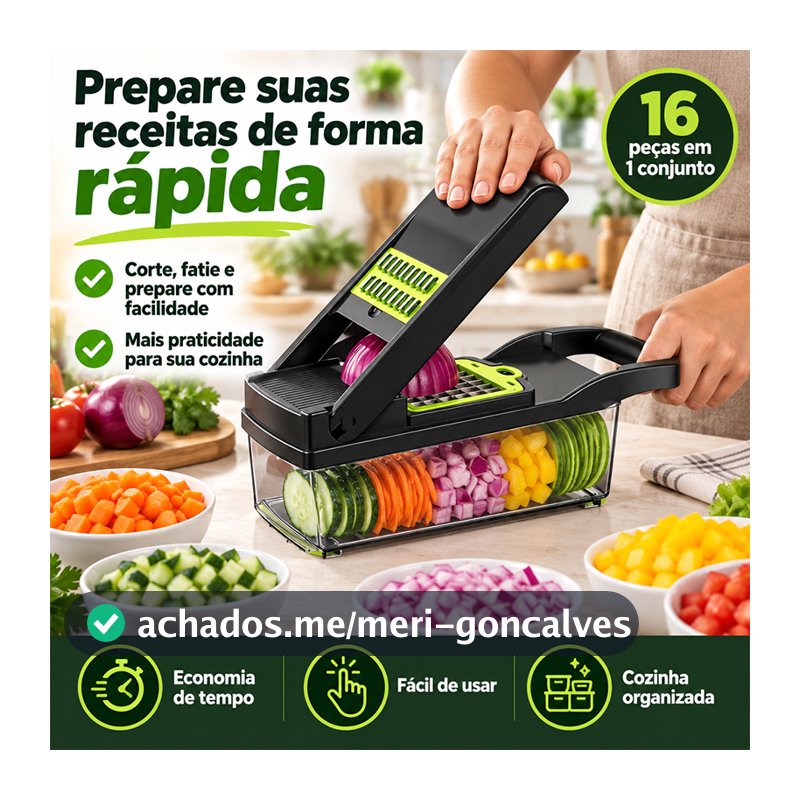 Cortador de Legumes Multifuncional 12/16 em 1 Aço Inoxidável Recipiente Coletor para Fatiar Ralar e Cortar
