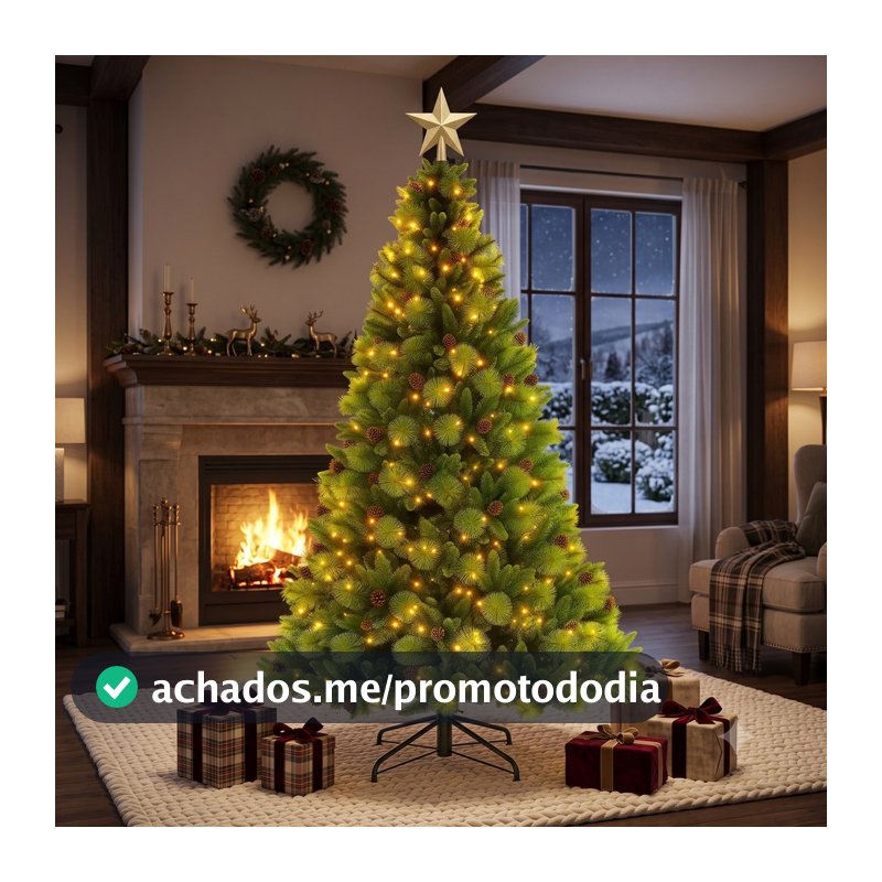 Árvore de Natal Premium 1,80m 2,10m com LED Branco Quente Pinhas Galhos Realistas Base de Ferro Decorada
