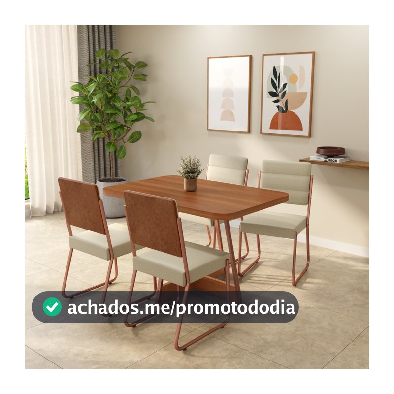 Conjunto Sala de Jantar 4 Cadeiras Madu Carraro Nogal Rosê