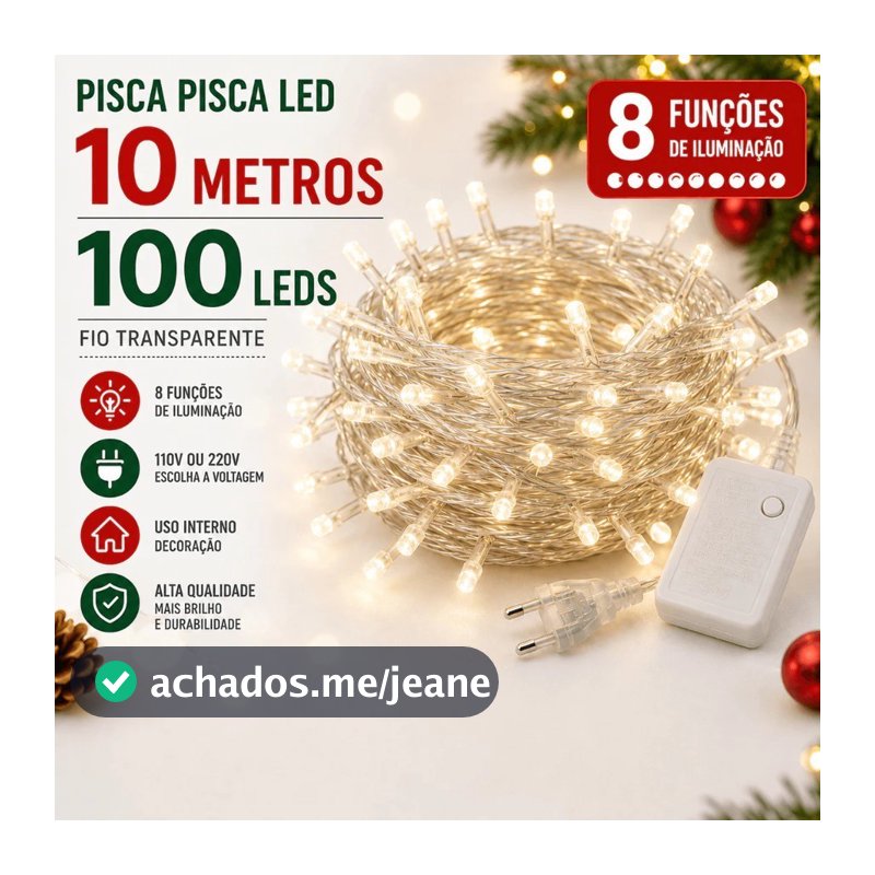 Pisca Pisca Natal Cordão 100 Leds 10m 8 Funções Varias Cores 110v / 220v-Marca LL