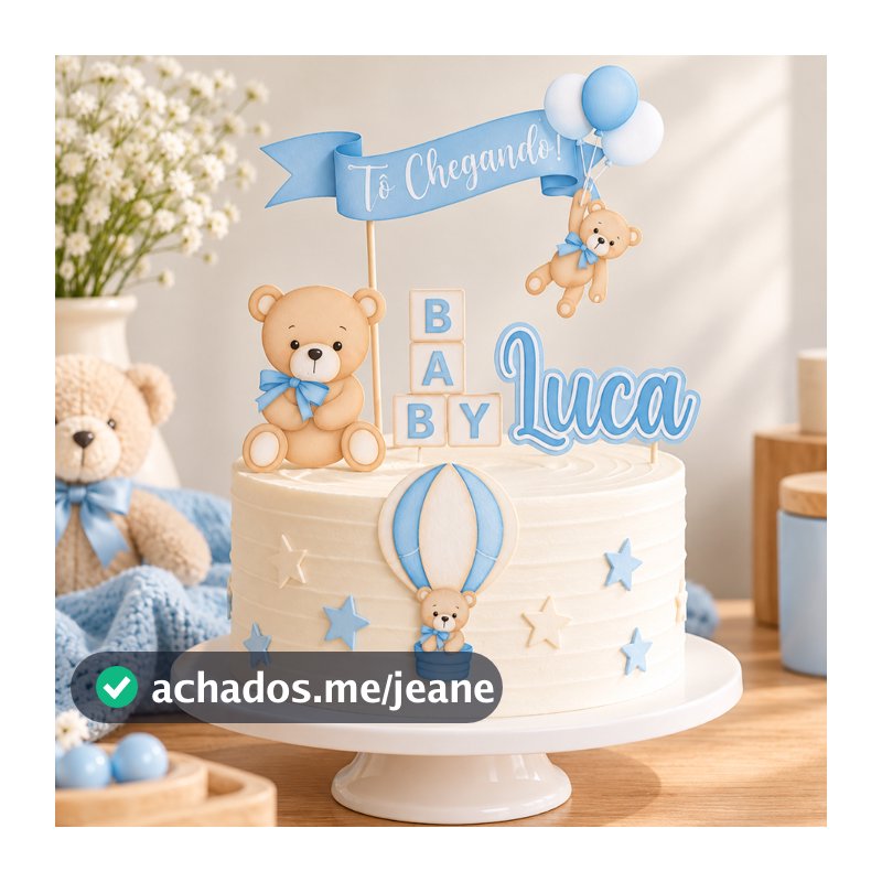Topo de Bolo Ursinho Baloeiro Azul Personalizado Chá de Bebê