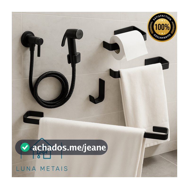 Kit Banheiro Luxo Preto Fosco | Ducha Higiênica + Acessórios Quadrados Inox Preto