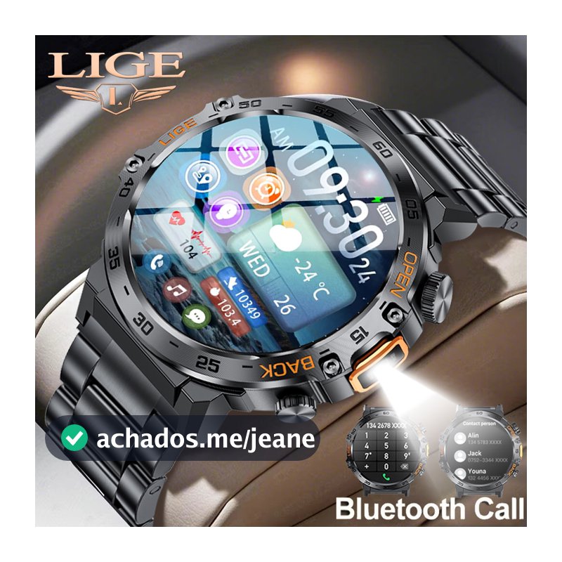 LIGE Relógio inteligente original com lanterna LED Sports Fitness Tracker Monitor de saúde de frequência cardíaca