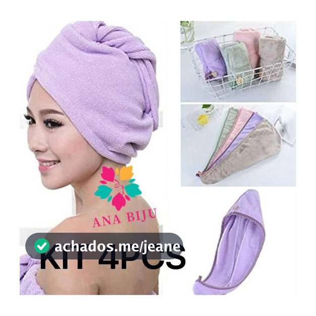 ANA1108 KIT 4 PCS Toalha De Cabelo Banho Toalha Grossa Mágica para Secar Cabelo de Microfibra Grossa Touca Pós Banho