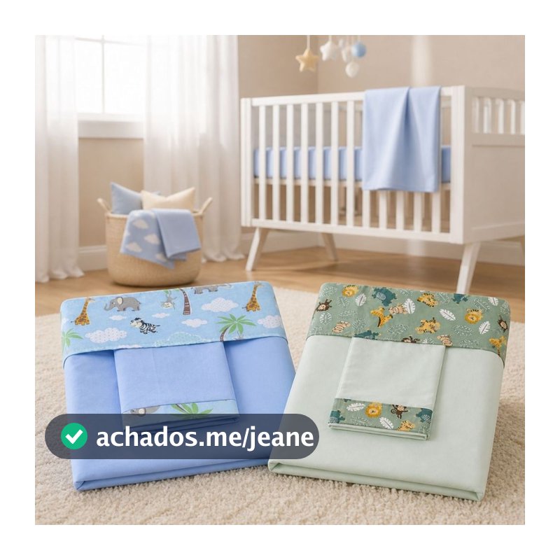 Kit 2 Jogo de Lençol Berço Americano Safari Azul e Verde Lencol de Berco com Fronha para Bebe 3 Peças