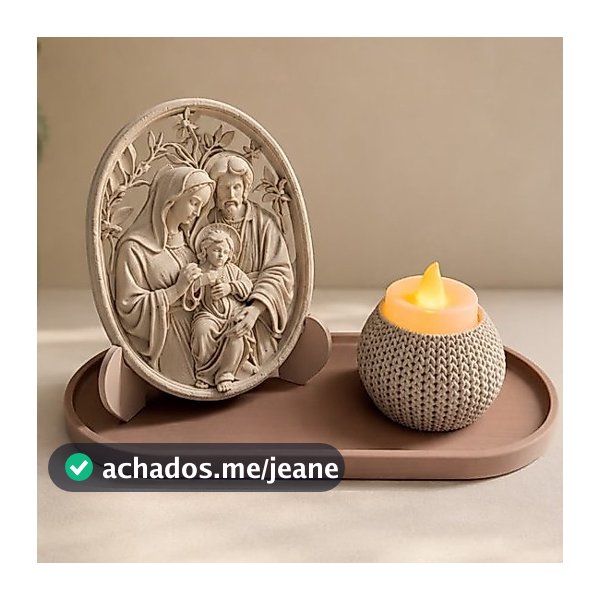 Decorativo Sagrada Família com Bandeja e Porta-Vela LED | Decoração Religiosa para Sala, Quarto e Oração