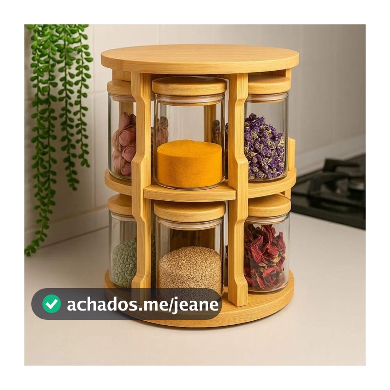 Porta Temperos Condimento Giratório 10 Potes Vidro Tampa Bambu Hermético 250ML Suporte Organizador