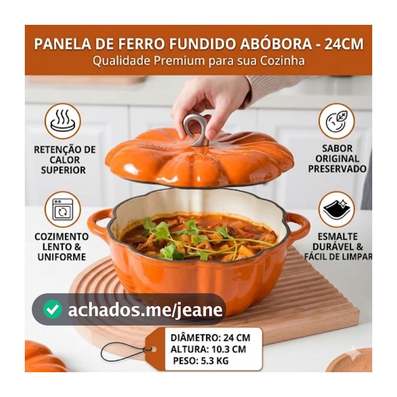 Panela de Ferro Fundido Esmaltada Formato Abóbora Laranja 24cm - Alta Retenção de Calor