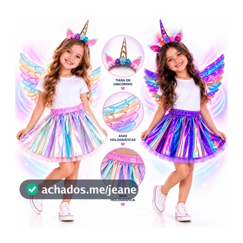 Fantasia Unicórnio Infantil Menina Completa Kit Asa Holográfica + Saia + Tiara Festa Carnaval Aniversário