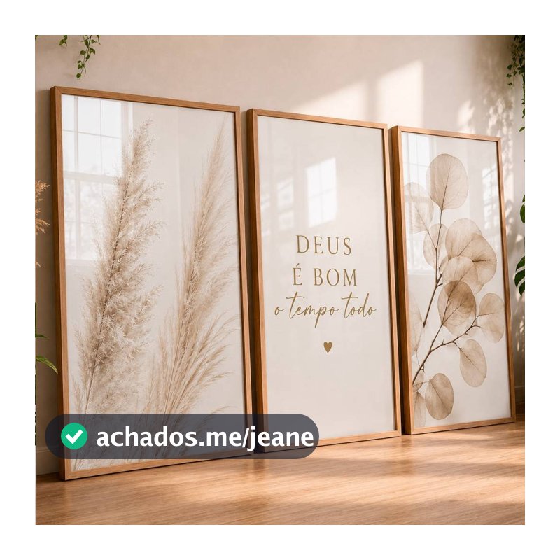 Quadro Decorativo Trio Flores Minamislista Clean Douradas Deus é Bom o Tempo Todo Para Sala Quarto 4K