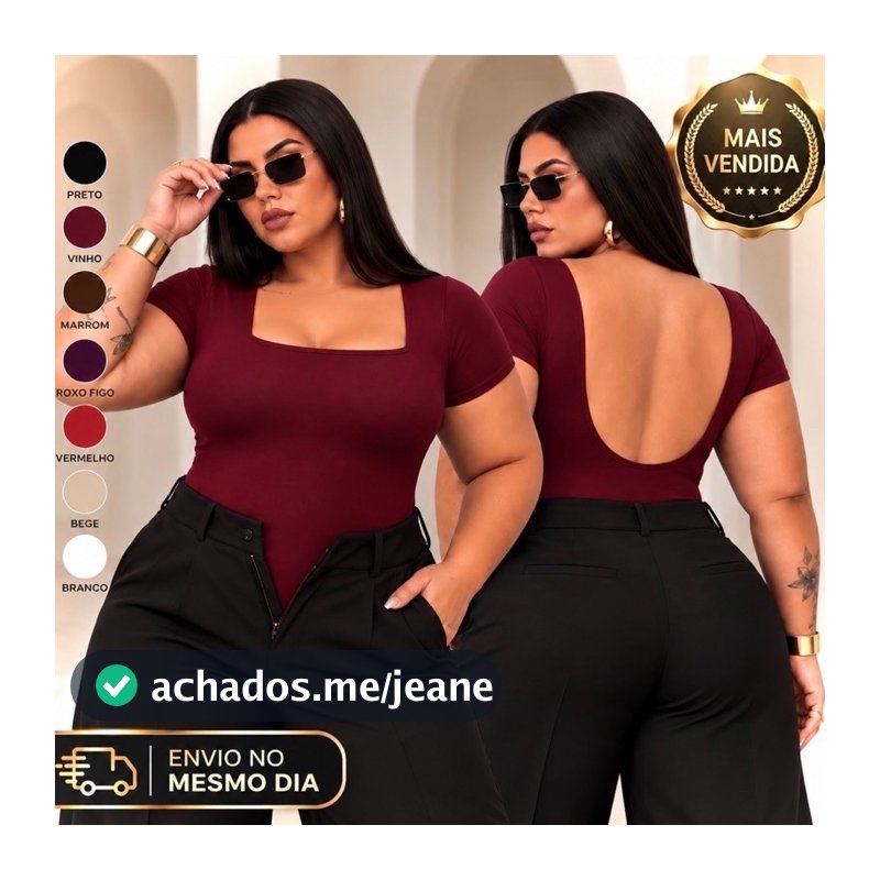 Body PLUS Costas Aberta no Suplex Gelado Macio Blusa Com Manga Plus Size Decote Quadrado 46 ao 52