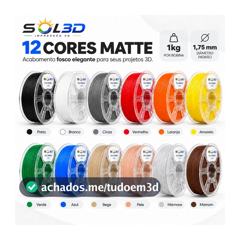 Filamento PLA Matte Sol3D 1kg 1,75mm Para Impressão 3D Alta Qualidade Premium BR