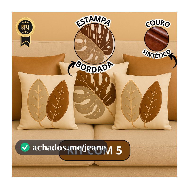 Kit 5 Almofadas Decorativas Couro Sintético e Linho Boho Luxo Chic Folhas Terracota Premium Decoração Sala Sofá