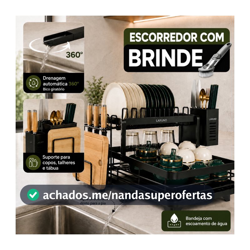 Escorredor de Louça Organizador de Pia Rack de Cozinha Duplo Aço Carbono com Porta Talheres - LARUNO
