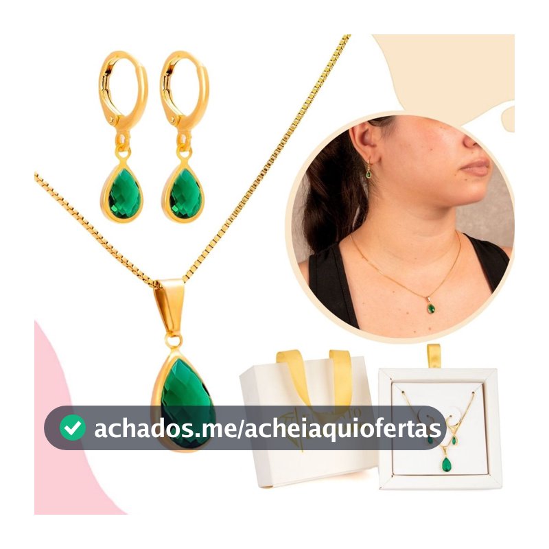 Conjunto Colar e Brinco Antialérgico Banhado a Ouro 18k Feminina Gota Verde Zircônia
