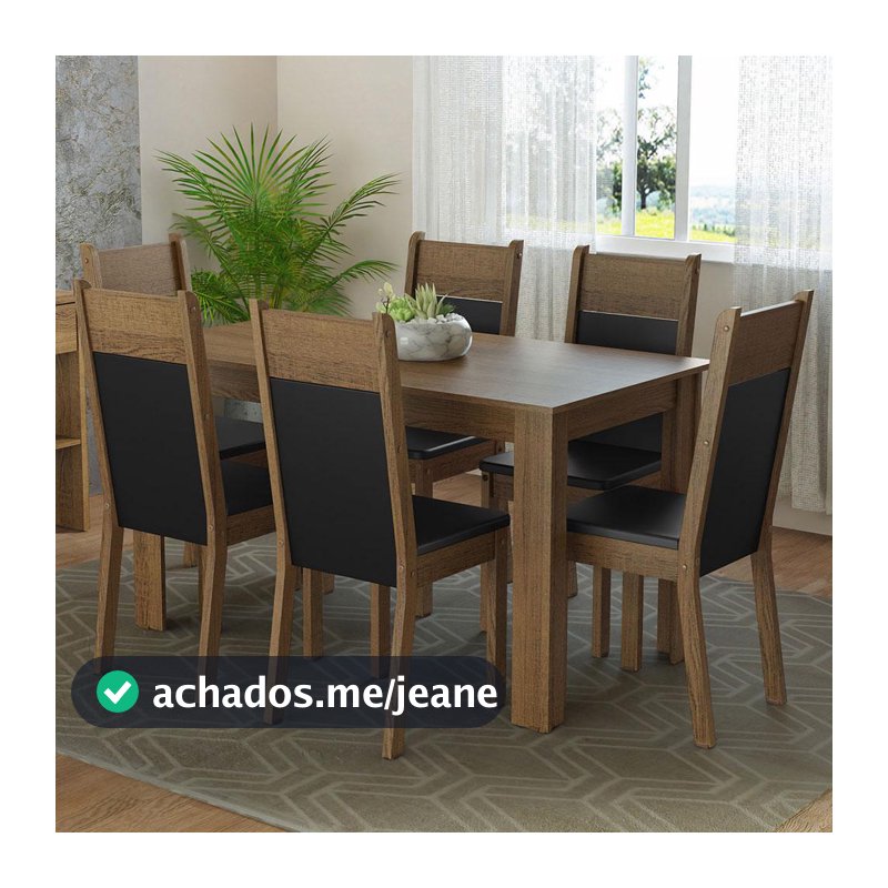Conjunto Sala de Jantar Bahamas Madesa Mesa Tampo de Madeira 6 Cadeiras - Rustic/Preto