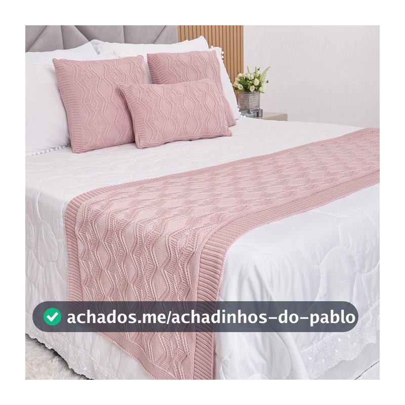 Kit Peseira Manta Tricot Cama Casal Queen King Aran + 3 Capas Almofadas