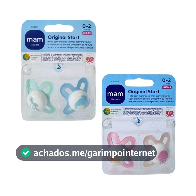 Kit 2 Chupeta MAM 0-2 Meses Start Bico Silicone Bebê Infantil Recém Nascido Rosa Azul Caixinha Recém Nascido