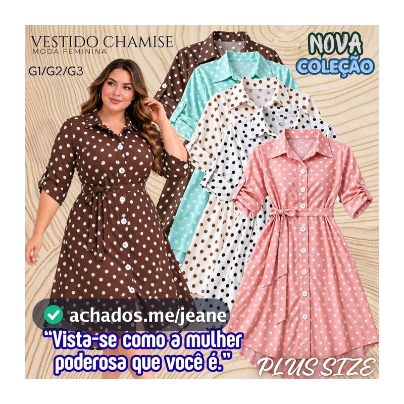 Vestido Chemise Feminino Midi Longo poá bolinha Manga 3/4 com Botões Social Elegante Plus Size