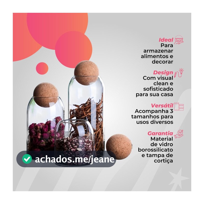Conjunto 3 Porta Mantimentos de Vidro Com Tampa Cortiça Elegante