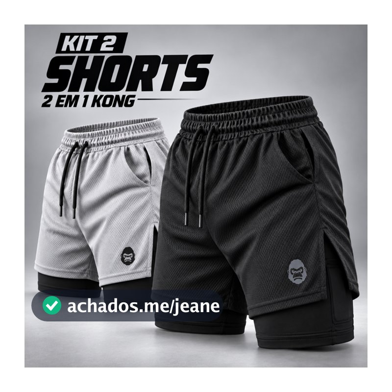 Kit 2 Shorts Masculino Kong 2 em 1 com Compressão, Bolso para Celular e Tecido Dry Fit