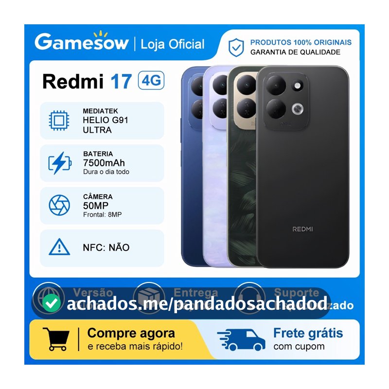 Xiaomi Redmi 17 4G, Versão global,128-256GB e 4-6GB RAM Processador MediaTek Hélio G91 Ultra, Bateria 7500mAh