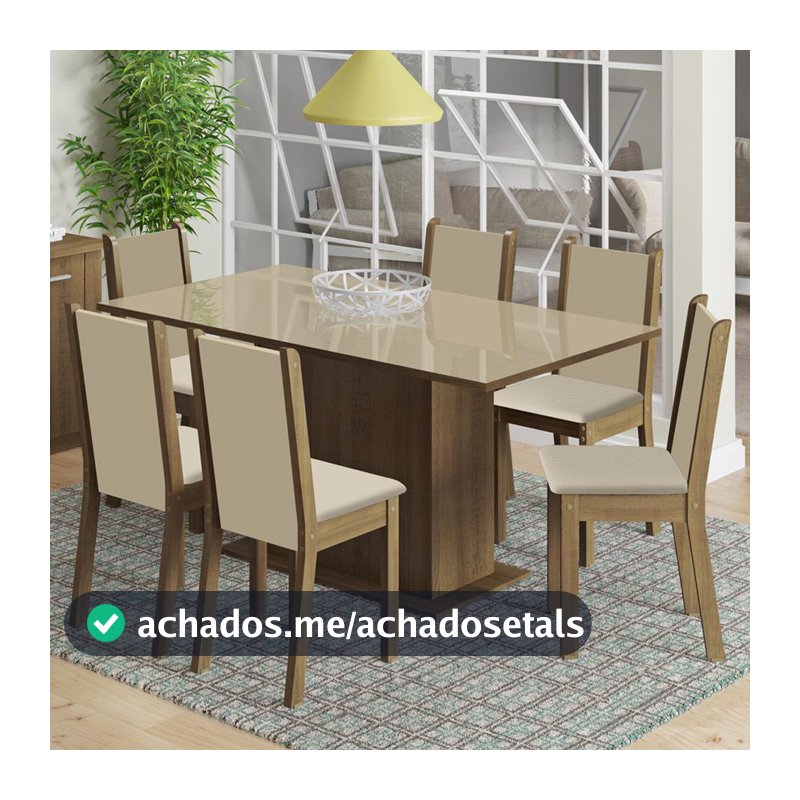 Conjunto Sala de Jantar Madesa Moscou Plus Mesa Tampo de Vidro com 6 Cadeiras - Rustic/Crema/Pérola